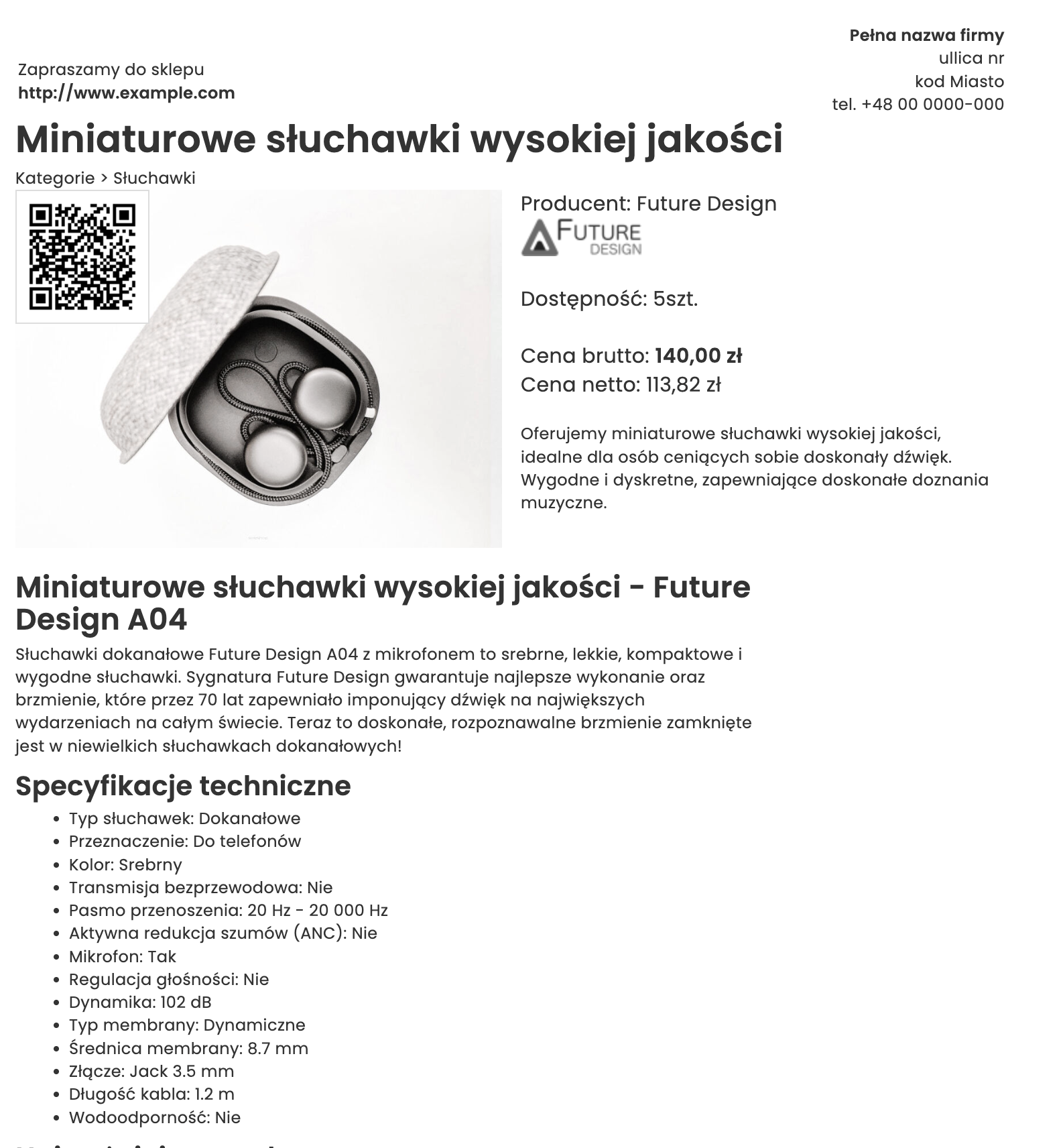 Wydruk karty produktu w sklepie internetowym